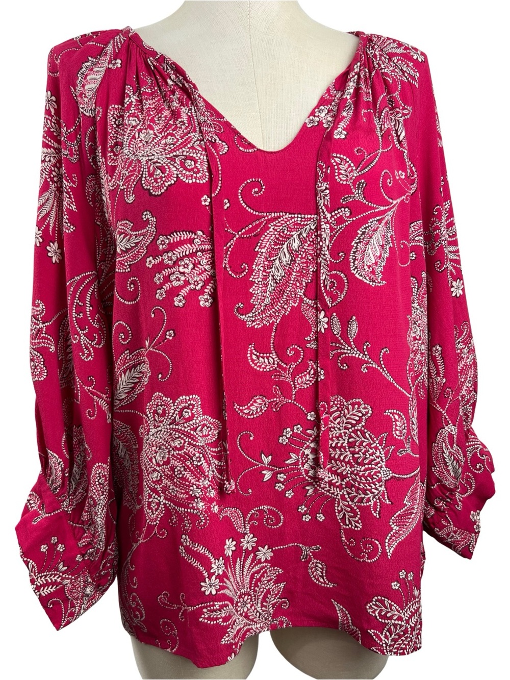 Karen Kane Paisley Peasant Blouse Women Large Pink Balloon Sleeve Boho - Picture 2 of 13
